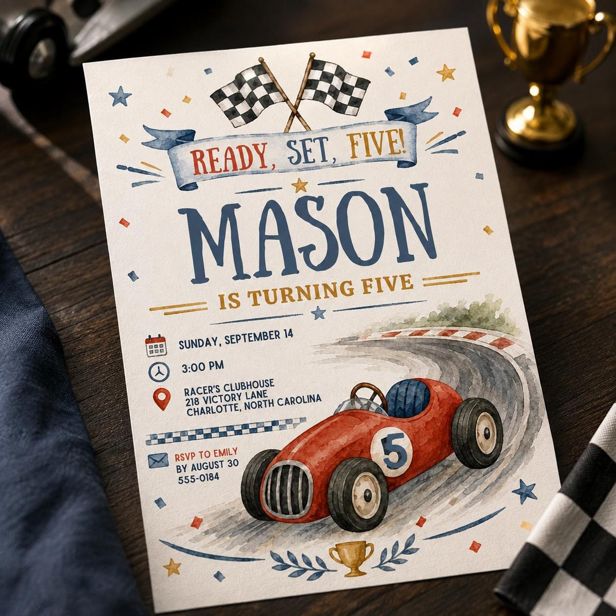 Vintage Checkered Race Car 5th Birthday Invitation — 5th birthday party stationery by VoltBy