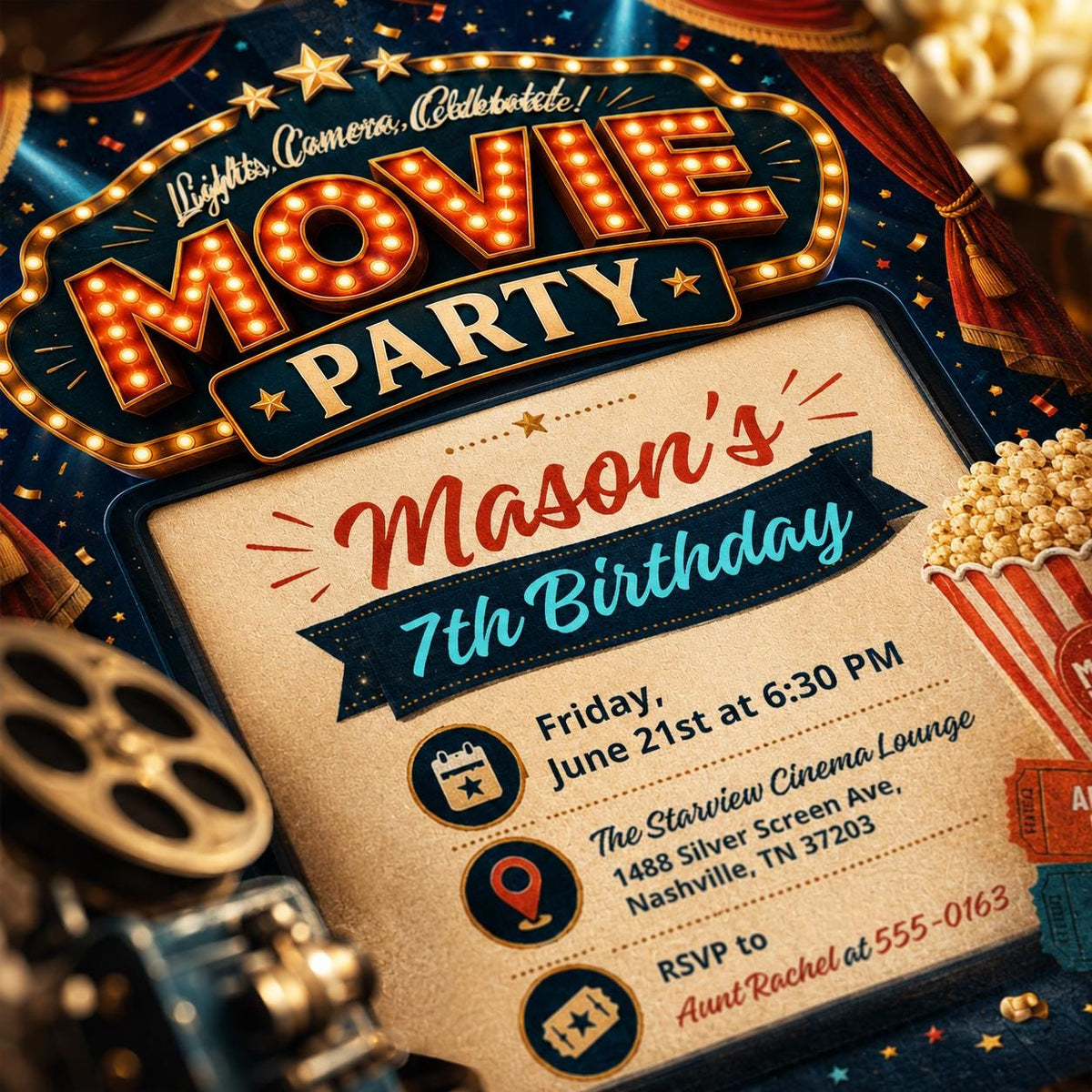 Vintage Cinema 7th Birthday Invitation in Teal and Gold — movie artwork in red