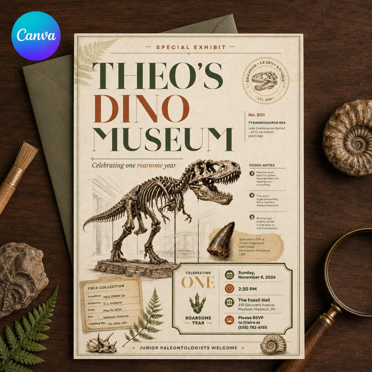 Vintage Dinosaur First Birthday Invitation