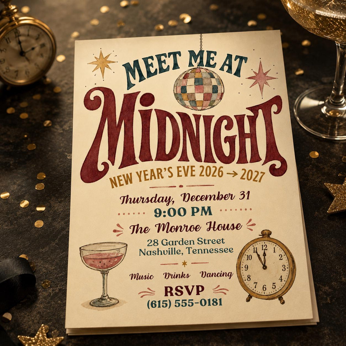 Vintage Disco Retro New Year's Eve Invitation — digital invitation, instant download