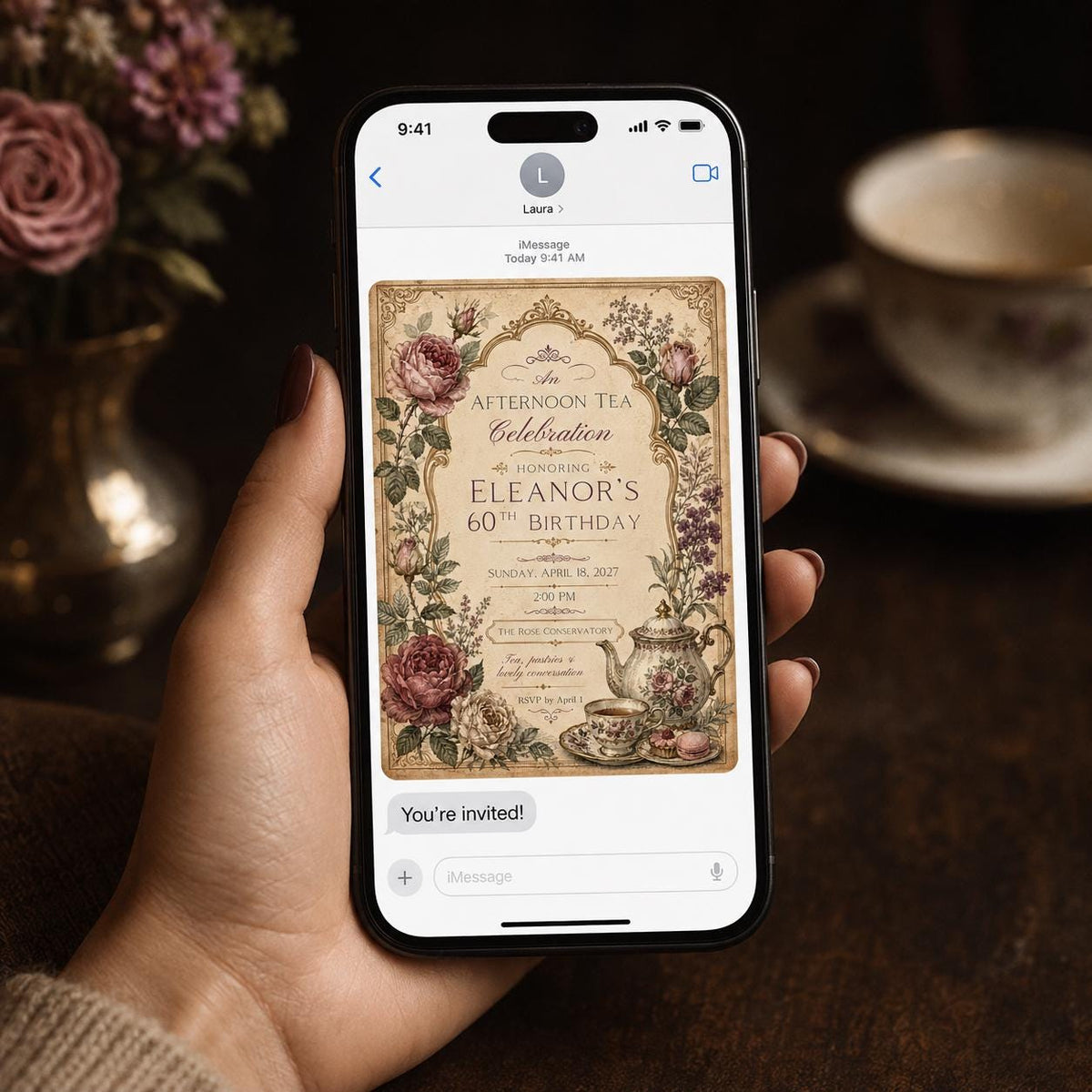Vintage Elegant 60th Birthday Tea Party Invitation — digital invitation, instant download