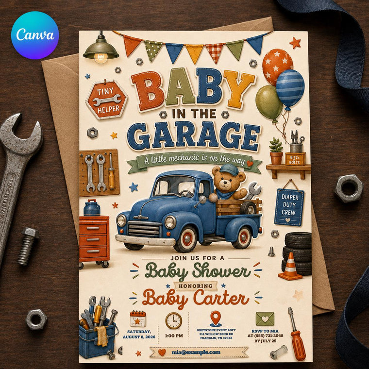 Vintage Garage Baby Shower Invitation