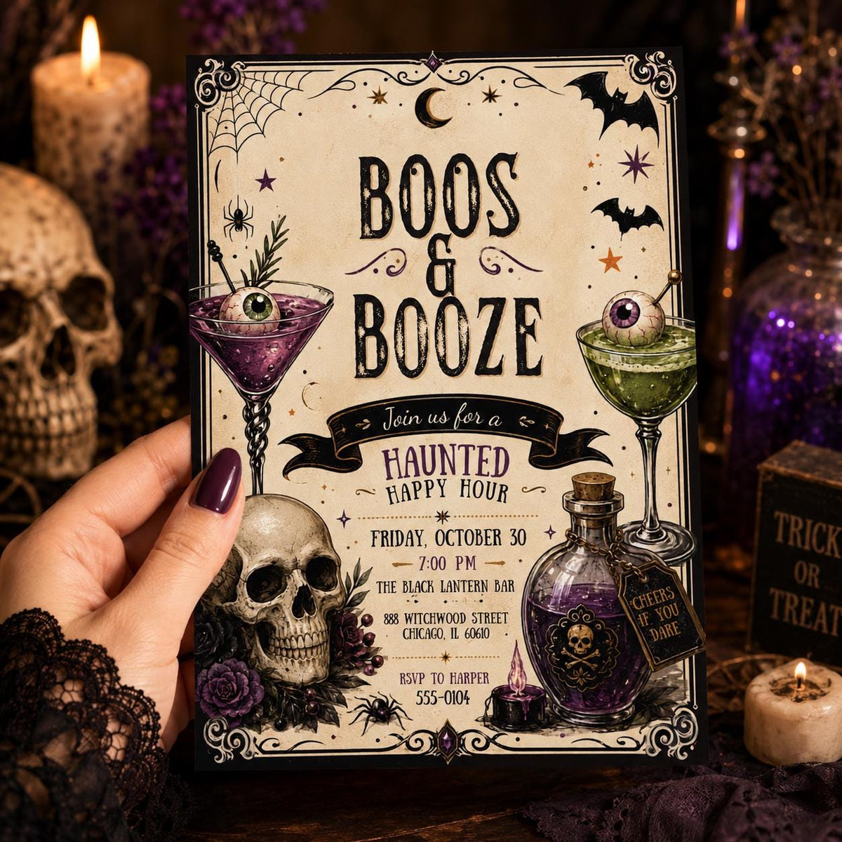 Vintage Gothic Boos and Booze Halloween Invitation — digital invitation, instant download