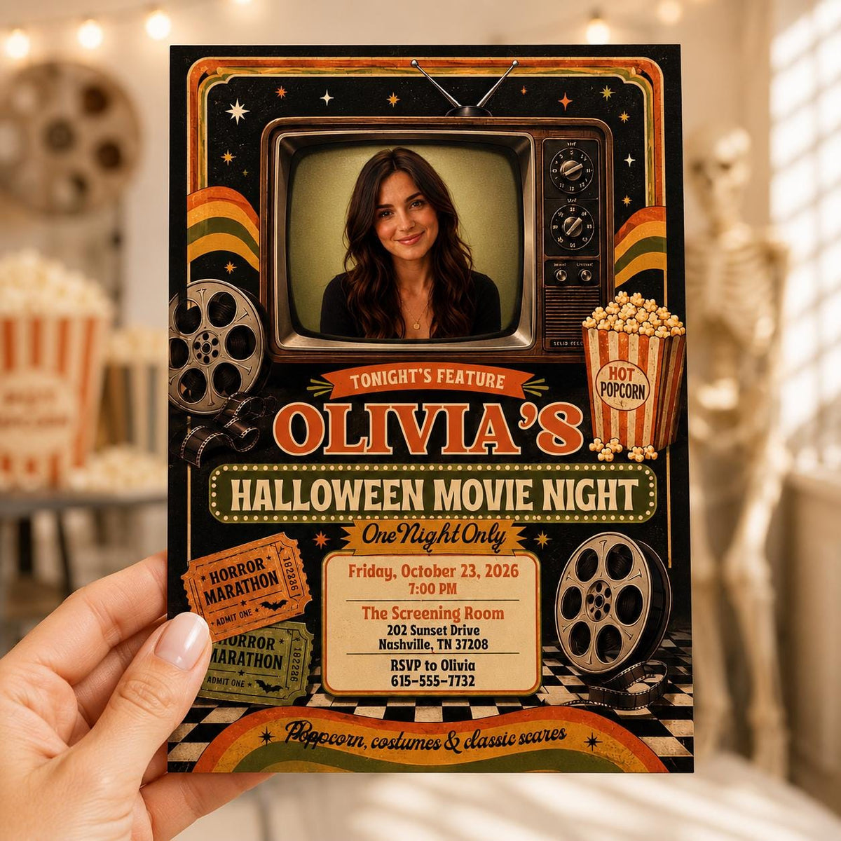 Vintage Halloween Movie Night Invitation — digital invitation, instant download