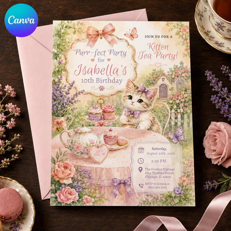 Vintage Kitten Garden Tea 10th Birthday Invitation