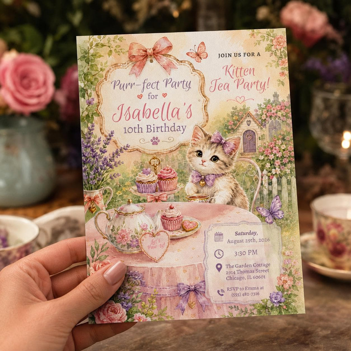 Vintage Kitten Garden Tea 10th Birthday Invitation — cat artwork in cream and green