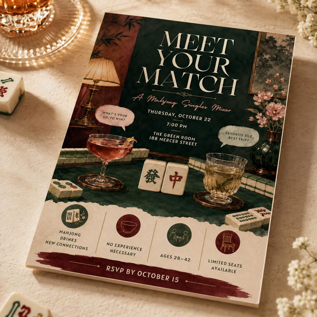 Vintage Modern Mahjong Singles Mixer Invitation — digital invitation, instant download