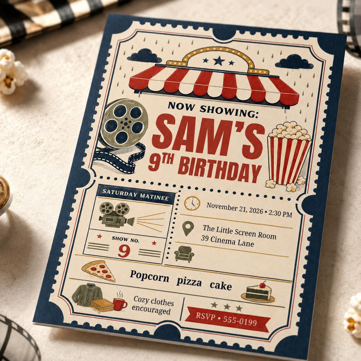 Vintage Movie Night 9th Birthday Invitation — digital invitation, instant download