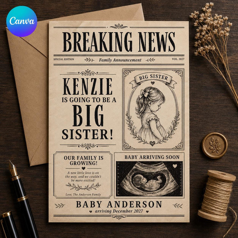 Vintage Newspaper Big Sister Pregnancy Announcement