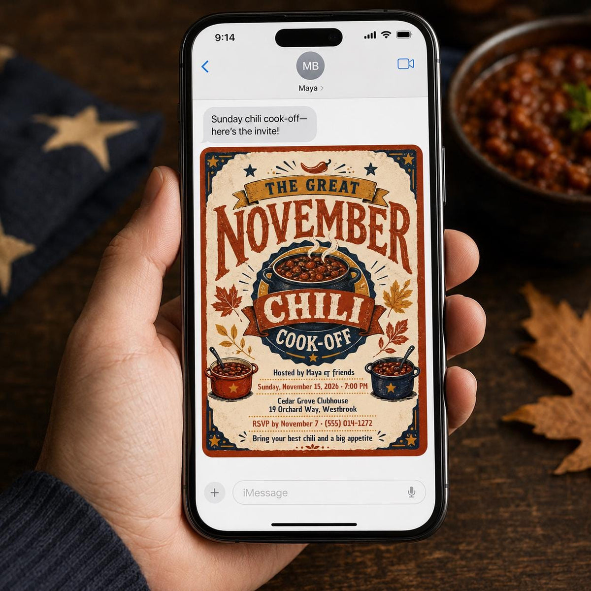 Vintage November Chili Cook-Off Flyer — leaf artwork in burgundy and cream