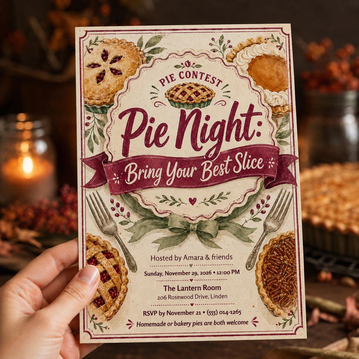 Vintage Pie Night Invitation — Thanksgiving gathering stationery by VoltBy