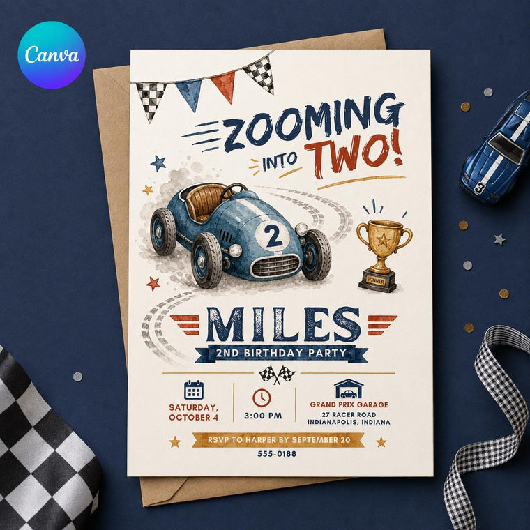 Vintage Race Car 2nd Birthday Invitation