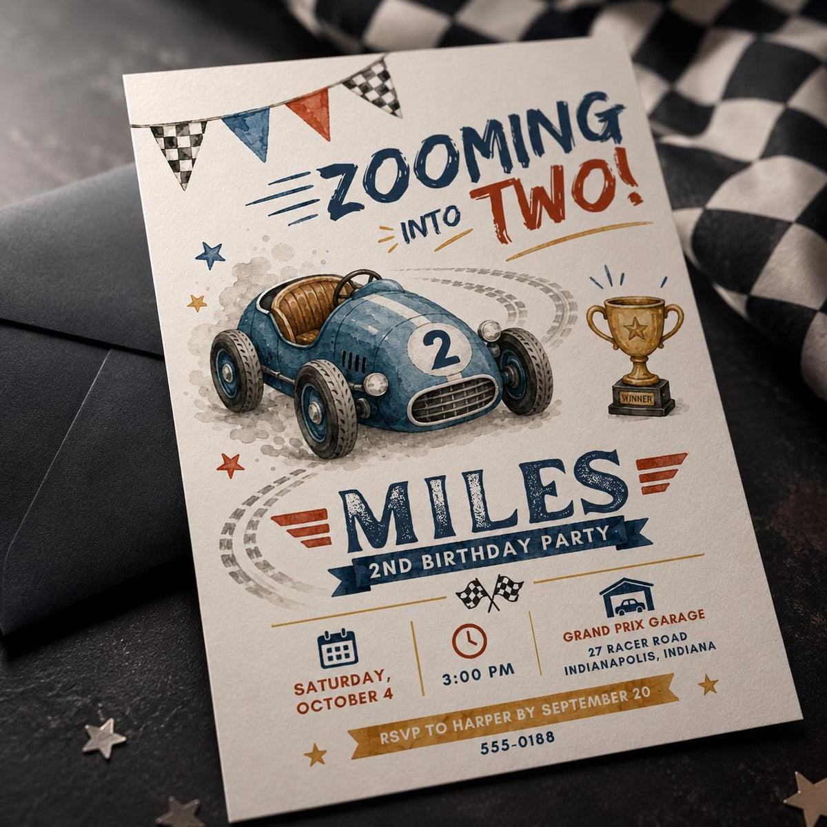 Vintage Race Car 2nd Birthday Invitation — 2nd birthday party stationery by VoltBy