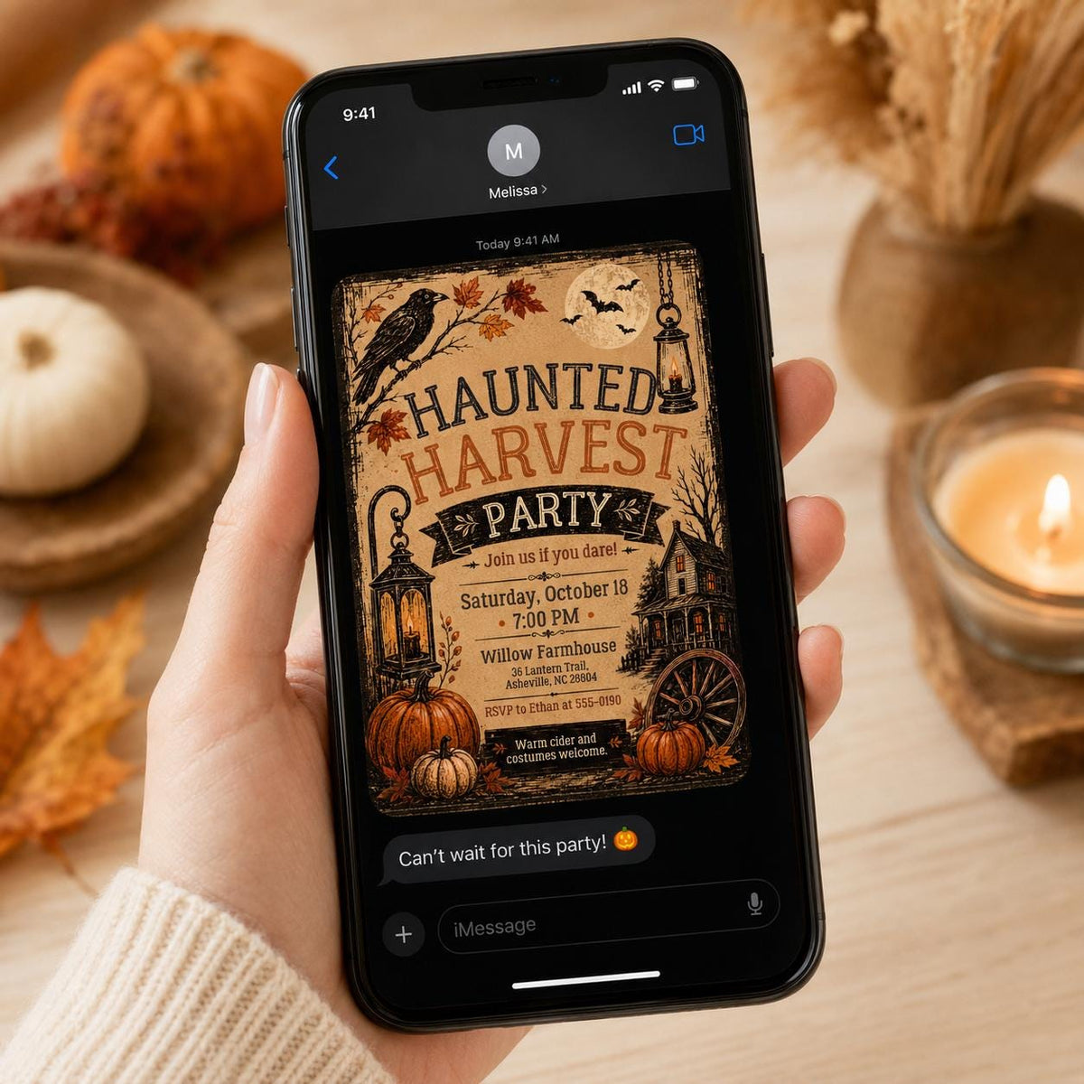 Vintage Rustic Haunted Harvest Party Invitation — print-ready Halloween party design from VoltBy