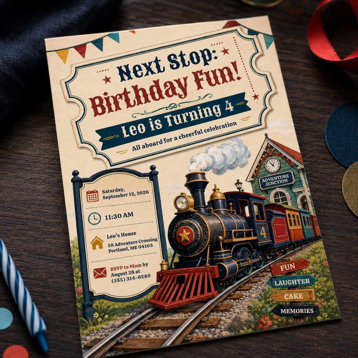 Vintage Train 4th Birthday Invitation — 4th birthday party stationery by VoltBy