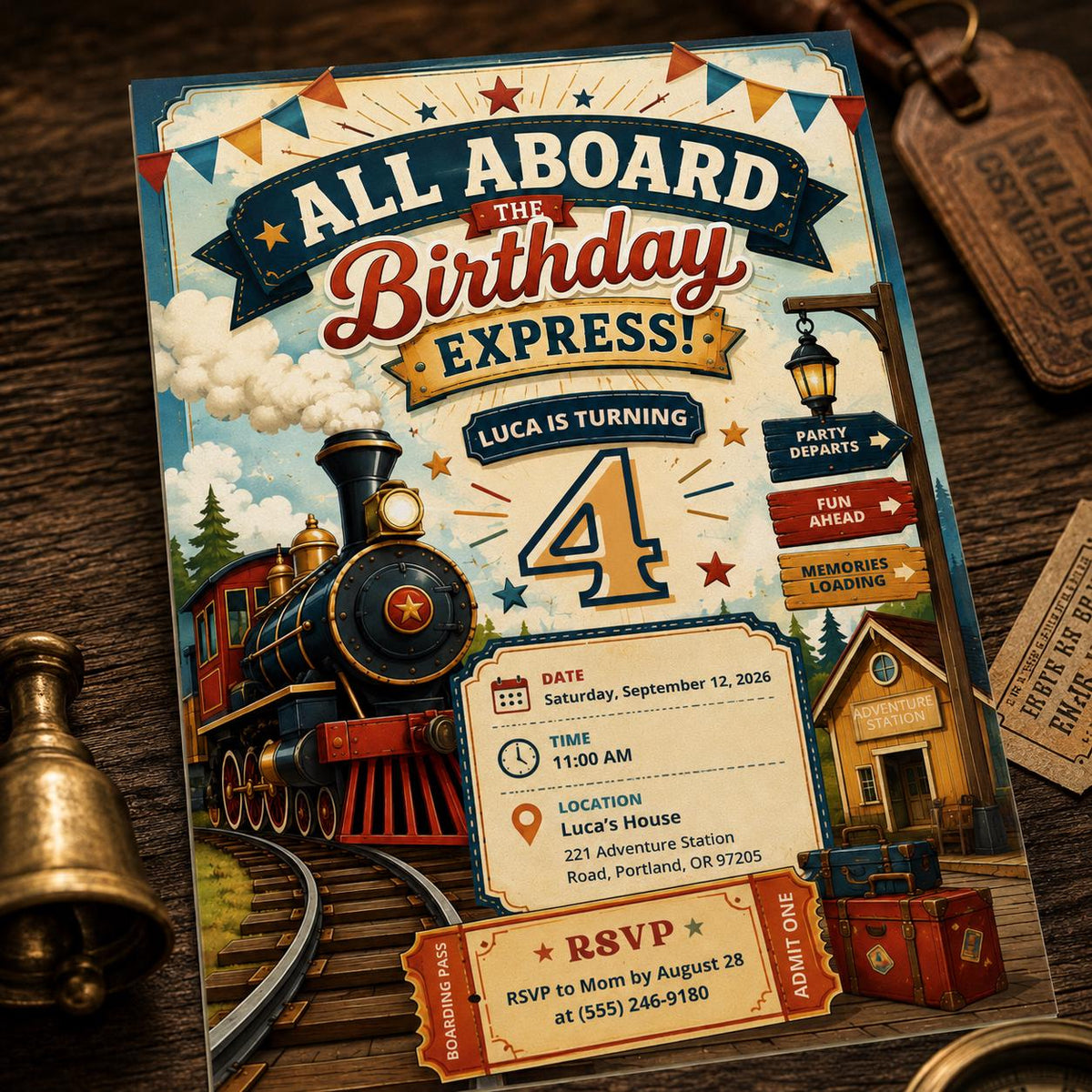 Vintage Train 4th Birthday Invitation: All Aboard Party — 4th birthday party stationery by VoltBy