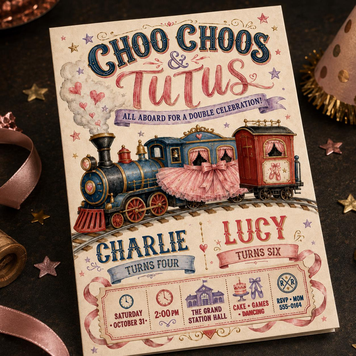 Vintage Train and Tutu Birthday Invitation — digital invitation, instant download