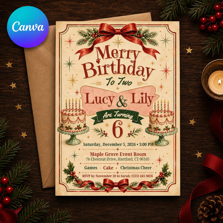 Vintage Twin Christmas 6th Birthday Invitation