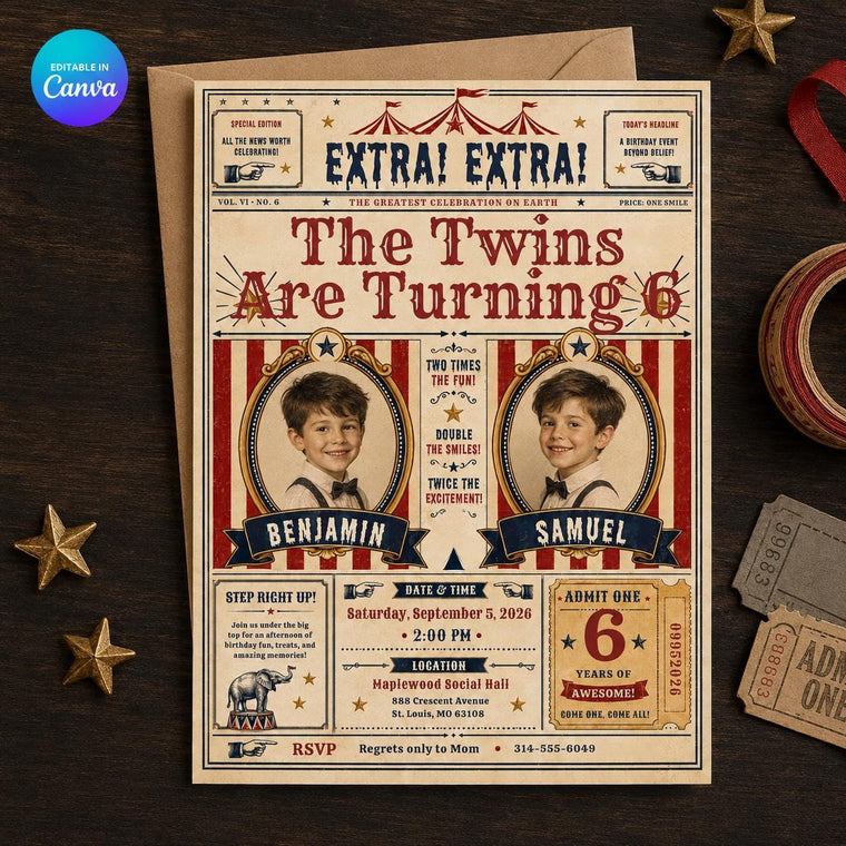 Vintage Twin Circus 6th Birthday Invitation