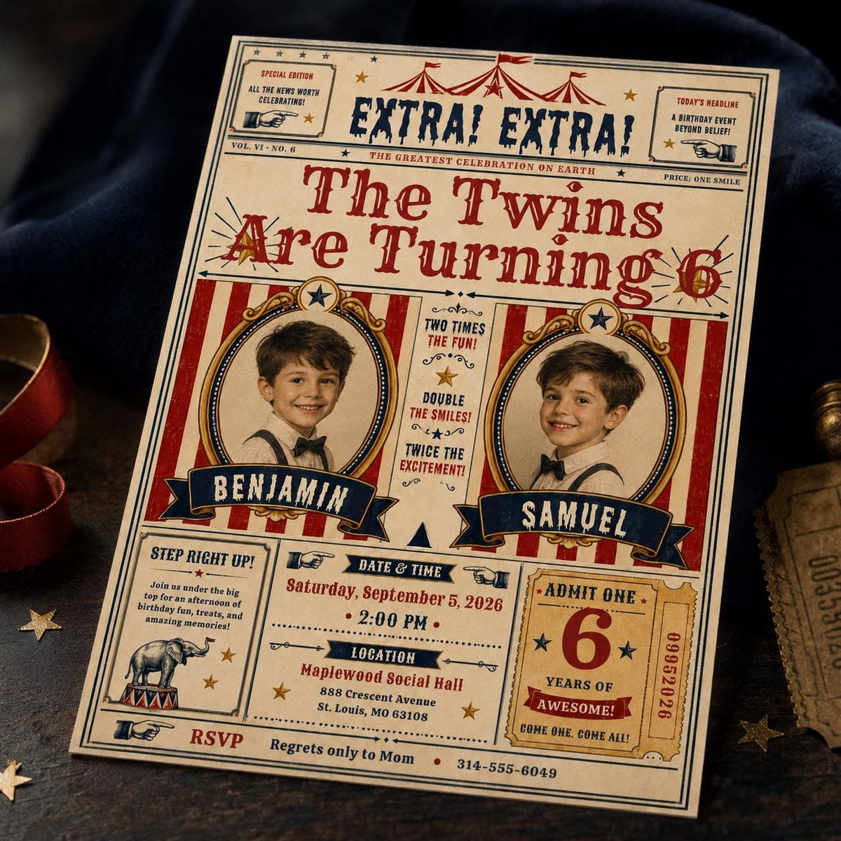 Vintage Twin Circus 6th Birthday Invitation — digital invitation, instant download