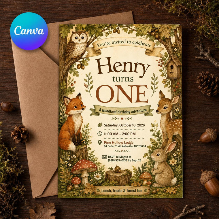 Vintage Woodland First Birthday Invitation