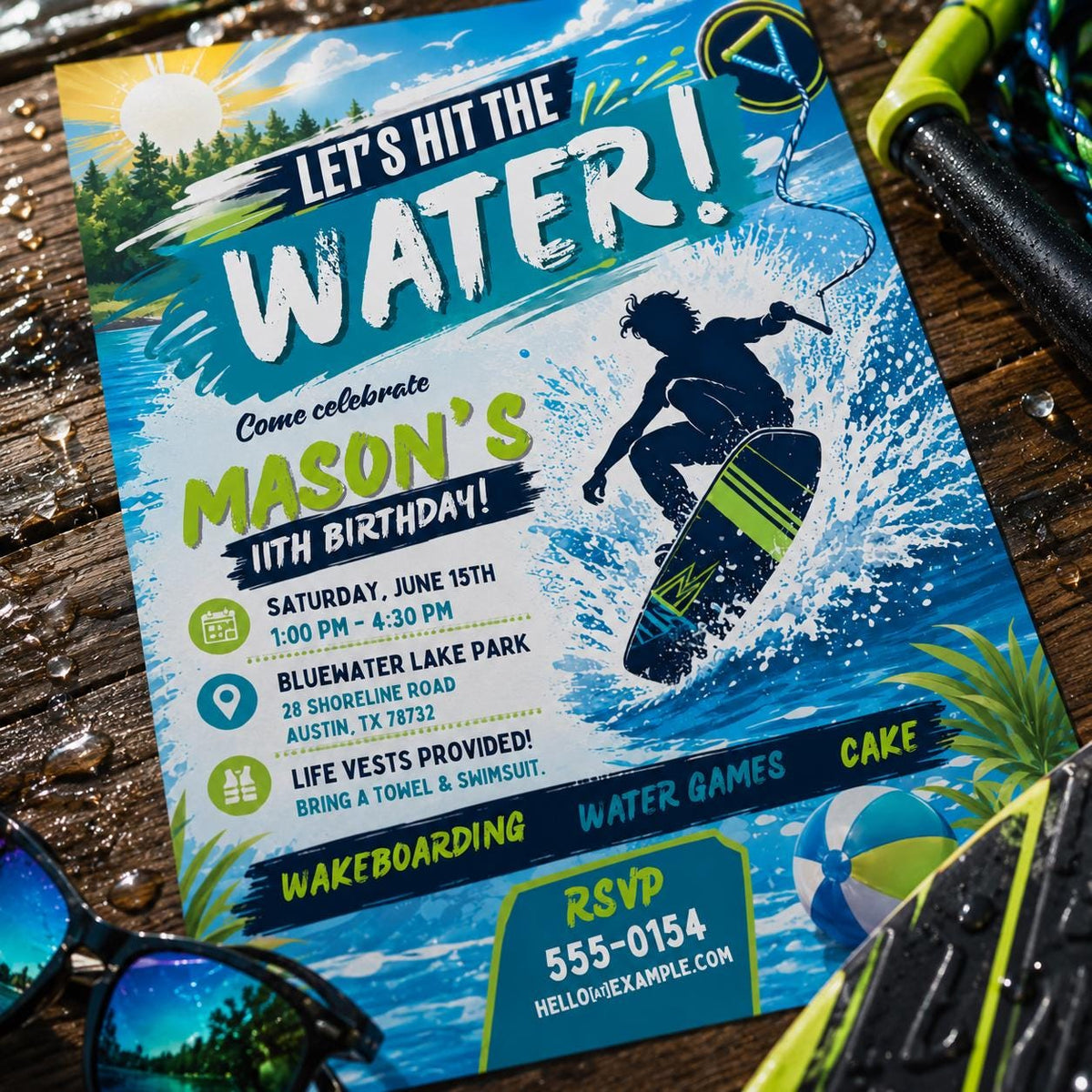Wakeboarding 11th Birthday Invitation for Boys — digital invitation, instant download