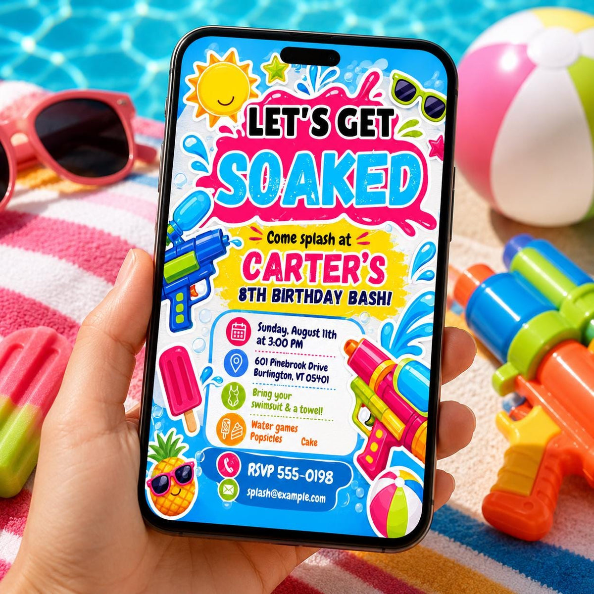 Water Gun 8th Birthday Invitation: Let's Get Soaked 8th Birthday Splash Party — digital invitation, instant download