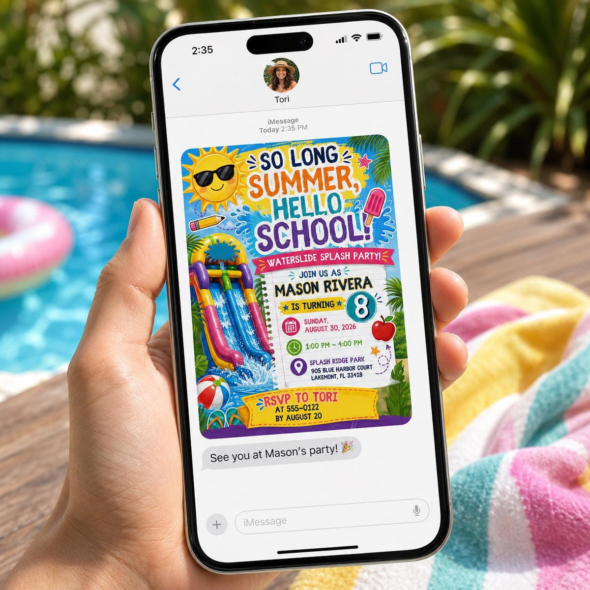 Water Slide 8th Birthday Invitation — digital invitation, instant download