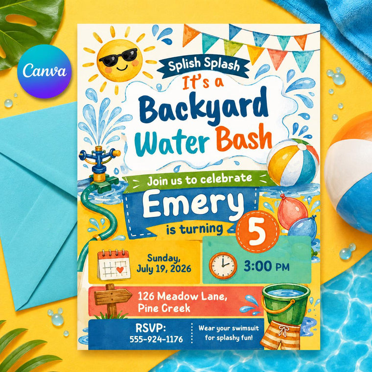 Water Slide Backyard Water Bash Birthday Invitation