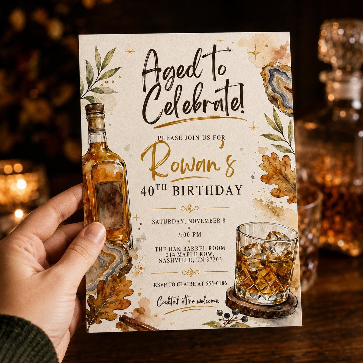 Watercolor 40th Birthday Whiskey Invitation — 40th birthday party stationery by VoltBy