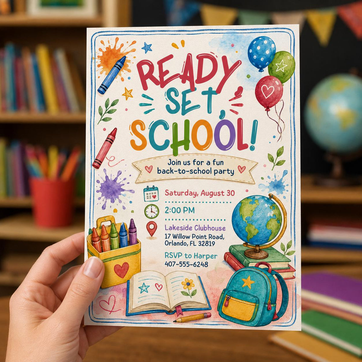 Watercolor Back to School Party Invitation: Ready Set Classroom Bash — back-to-school event stationery by VoltBy