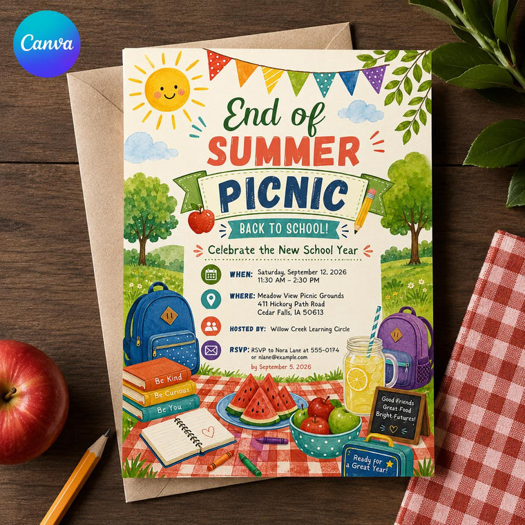 Watercolor Back to School Picnic Invitation: End of Summer School Party