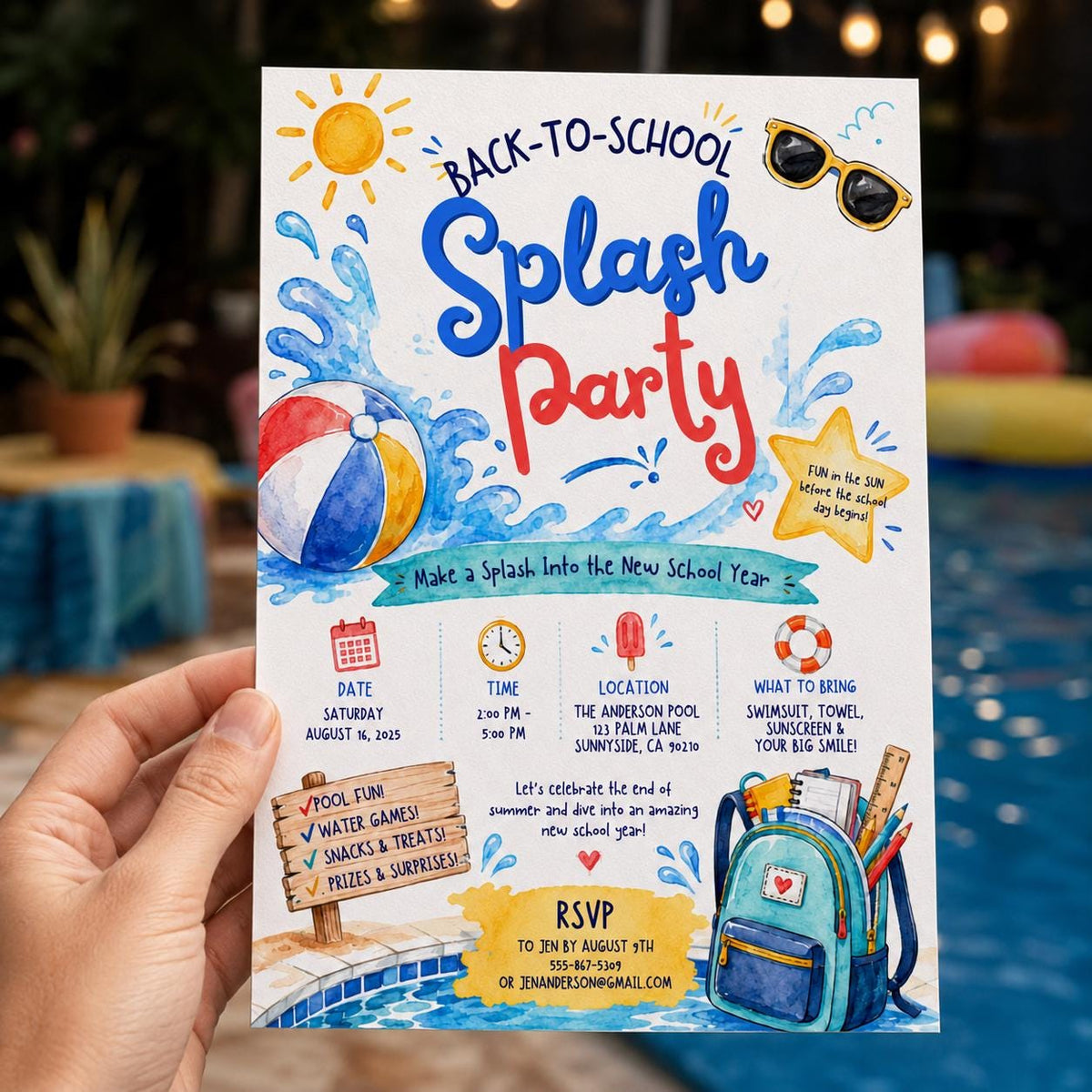 Watercolor Back to School Pool Party Invitation: End of Summer Splash Bash — back-to-school event stationery by VoltBy