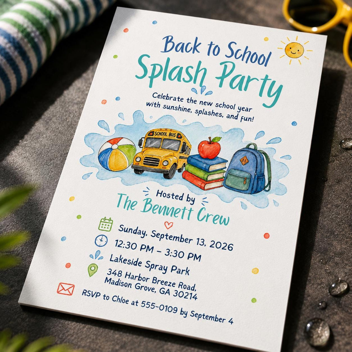 Watercolor Back to School Pool Party Invitation: Summer Splash Bash — digital invitation, instant download