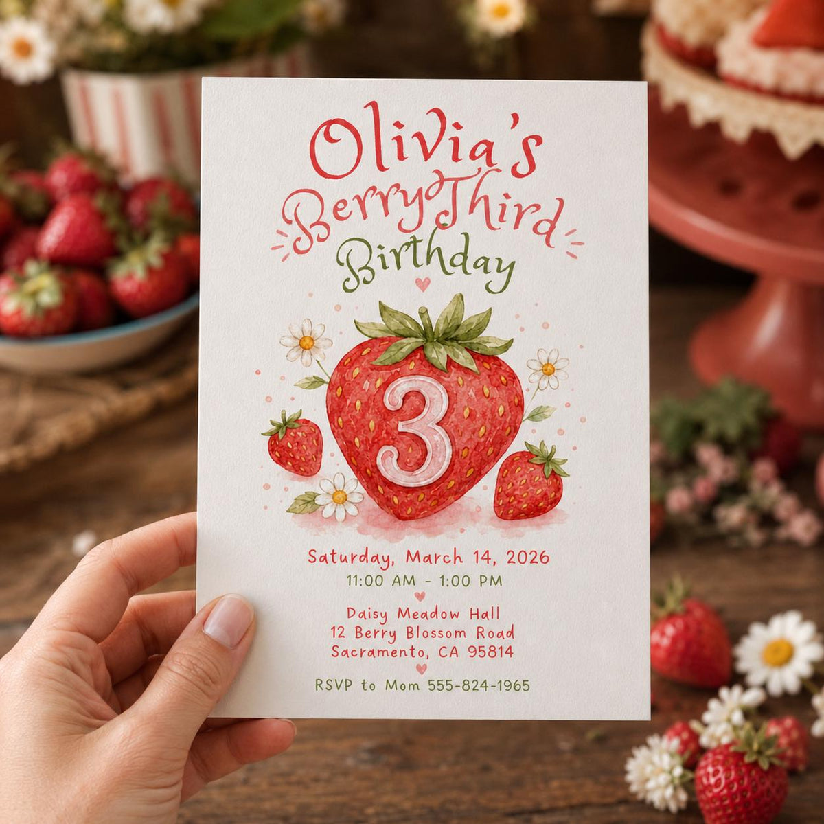 Watercolor Berry Third Birthday Invitation for Girls — digital invitation, instant download