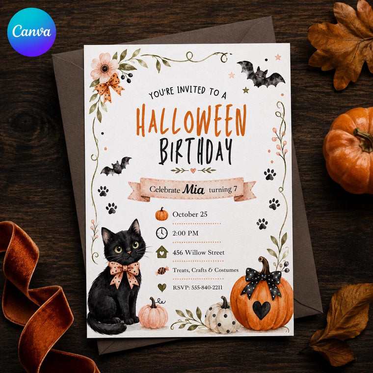 Watercolor Black Cat Halloween Birthday Invitation for Girls