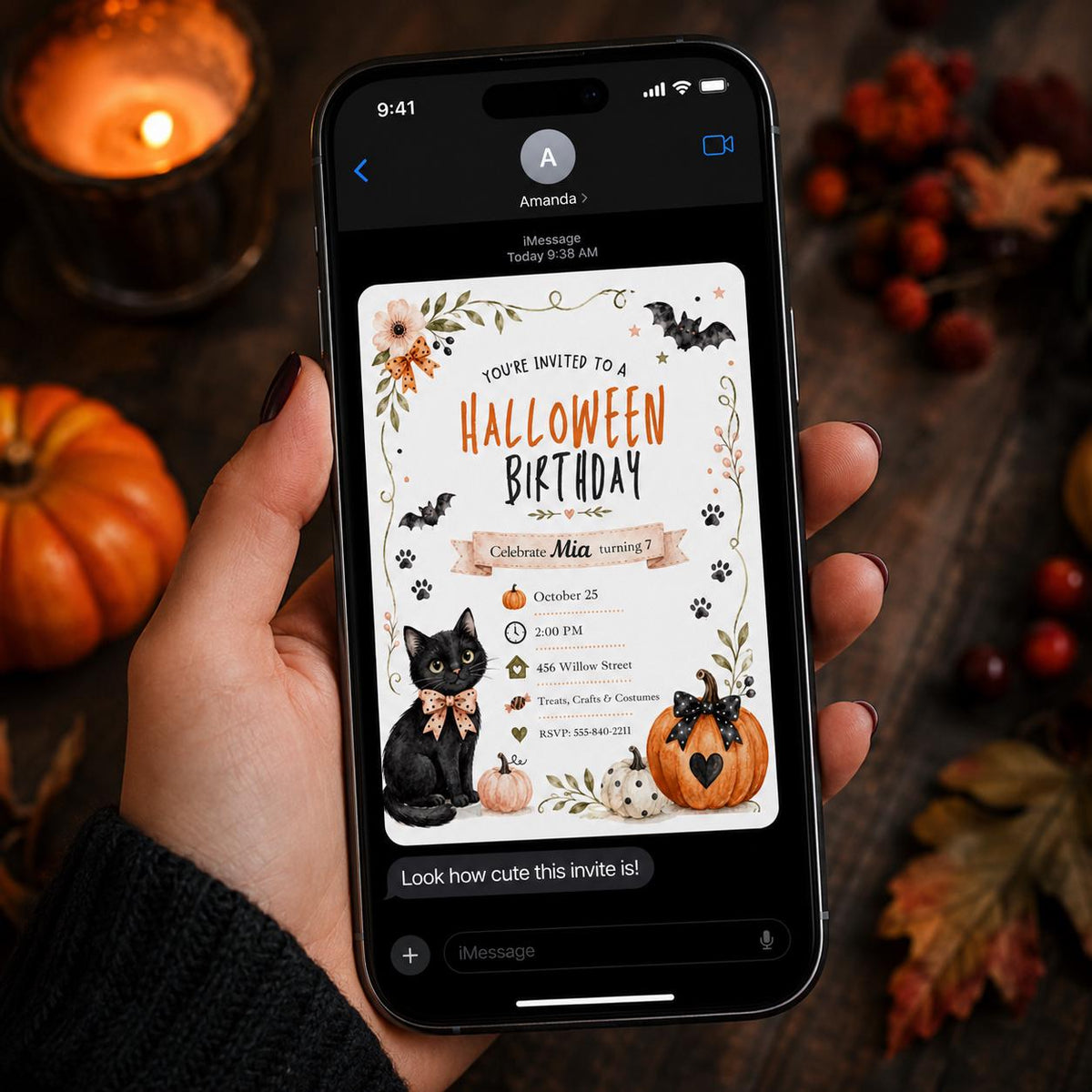 Watercolor Black Cat Halloween Birthday Invitation for Girls — digital invitation, instant download