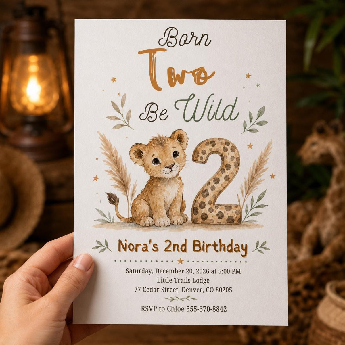 Watercolor Boho Born Two Be Wild Birthday Invitation — digital invitation, instant download
