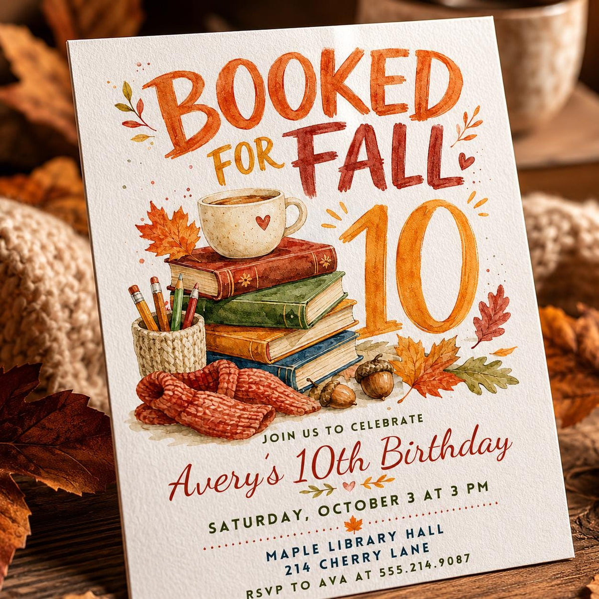 Watercolor Booked for Fall 10th Birthday Invitation — digital invitation, instant download
