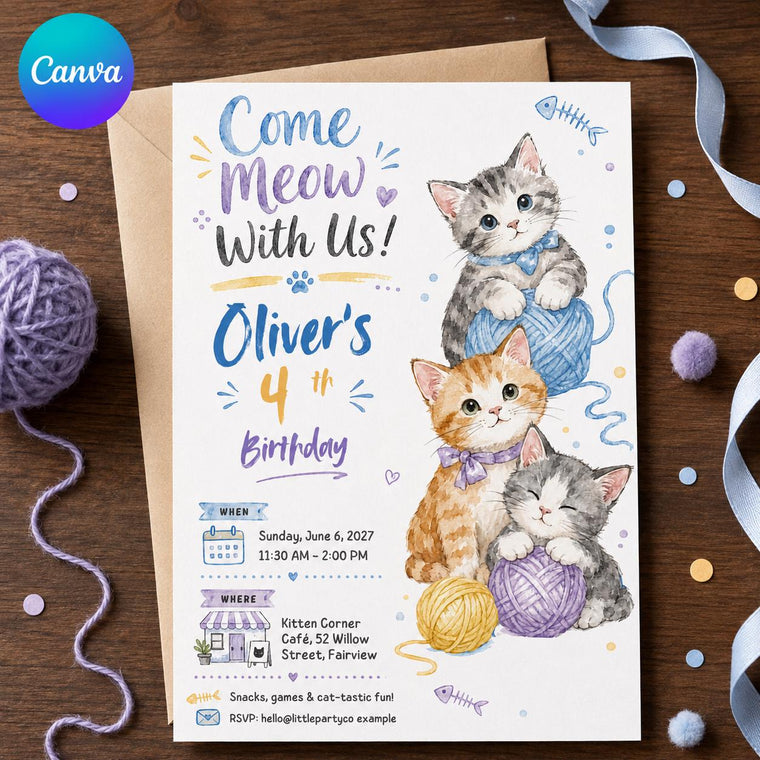 Watercolor Cat 4th Birthday Invitation