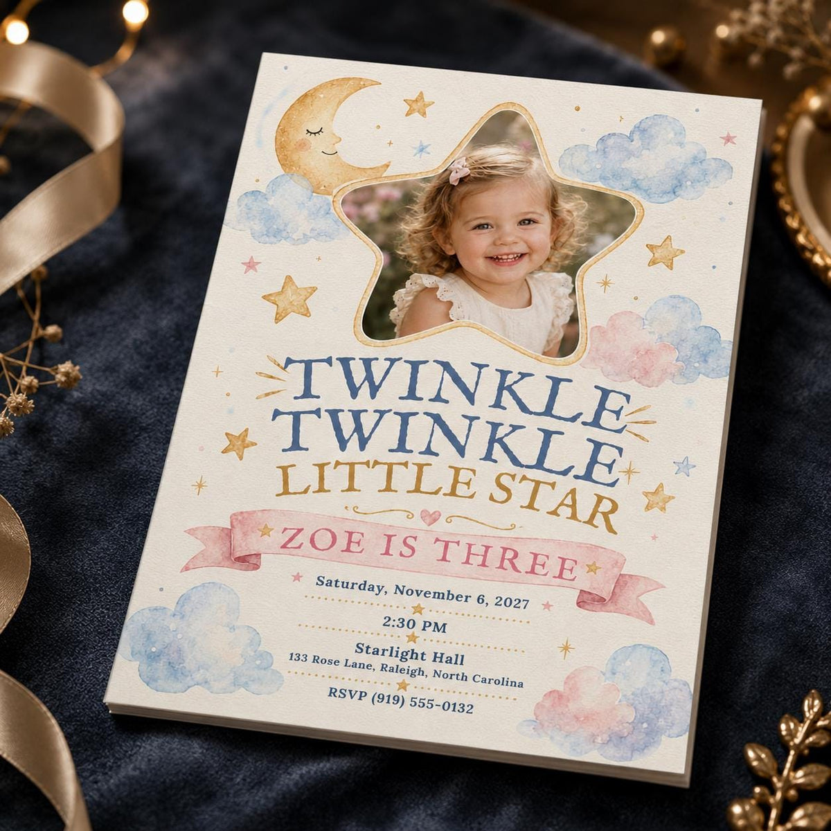 Watercolor Celestial Twinkle Little Star 3rd Birthday Invitation — 3rd birthday party stationery by VoltBy
