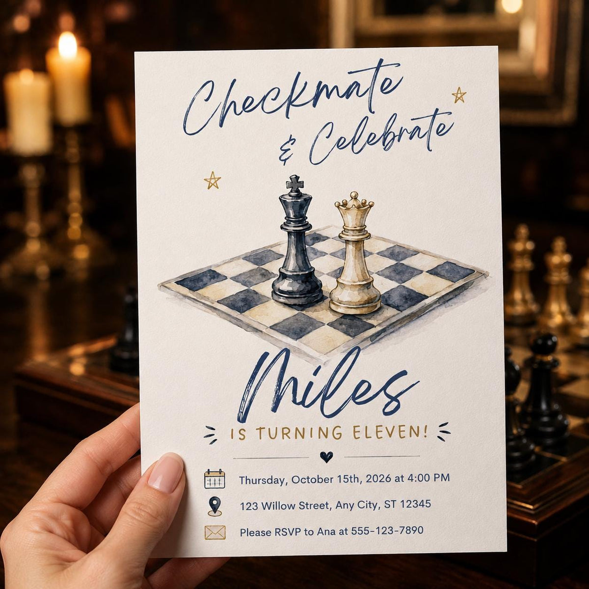 Watercolor Chess 11th Birthday Invitation — 11th birthday party stationery by VoltBy