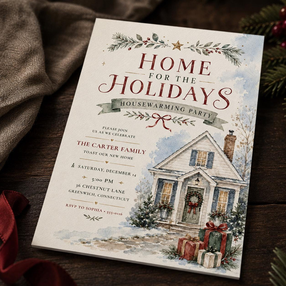 Watercolor Christmas Housewarming Invitation — housewarming stationery by VoltBy