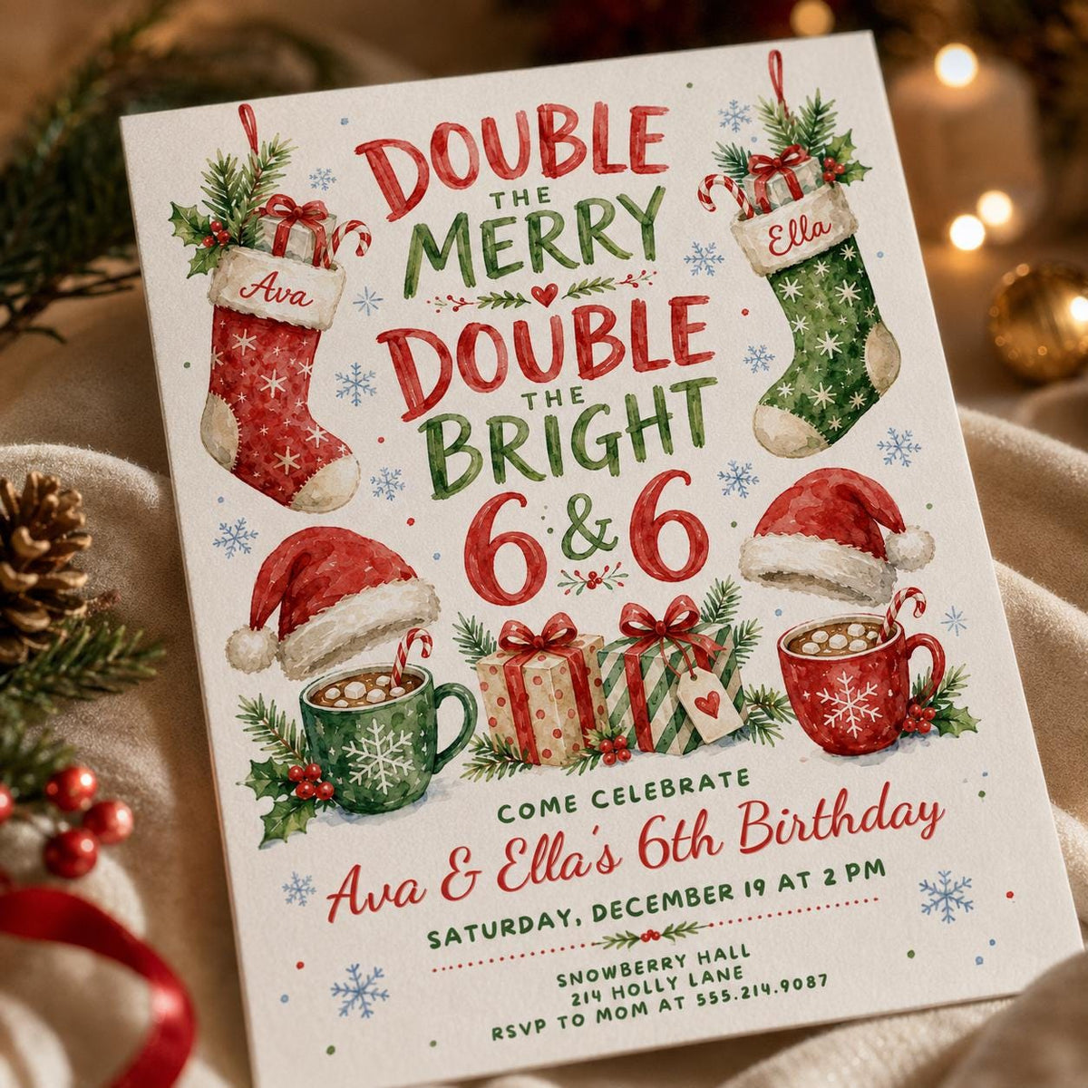 Watercolor Christmas Twin 6th Birthday Invitation — 6th birthday party stationery by VoltBy