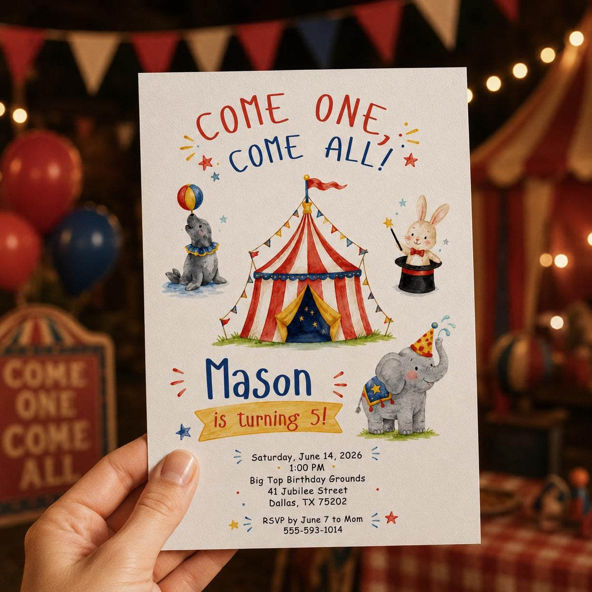 Watercolor Circus 5th Birthday Invitation — digital invitation, instant download