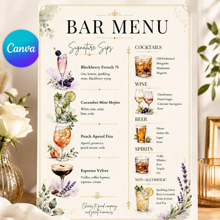 Watercolor Cocktail and Drinks Wedding Bar Menu