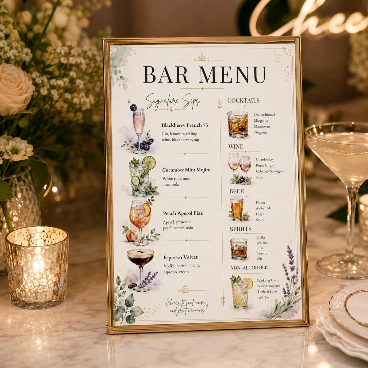 Watercolor Cocktail and Drinks Wedding Bar Menu — beer artwork in cream gold