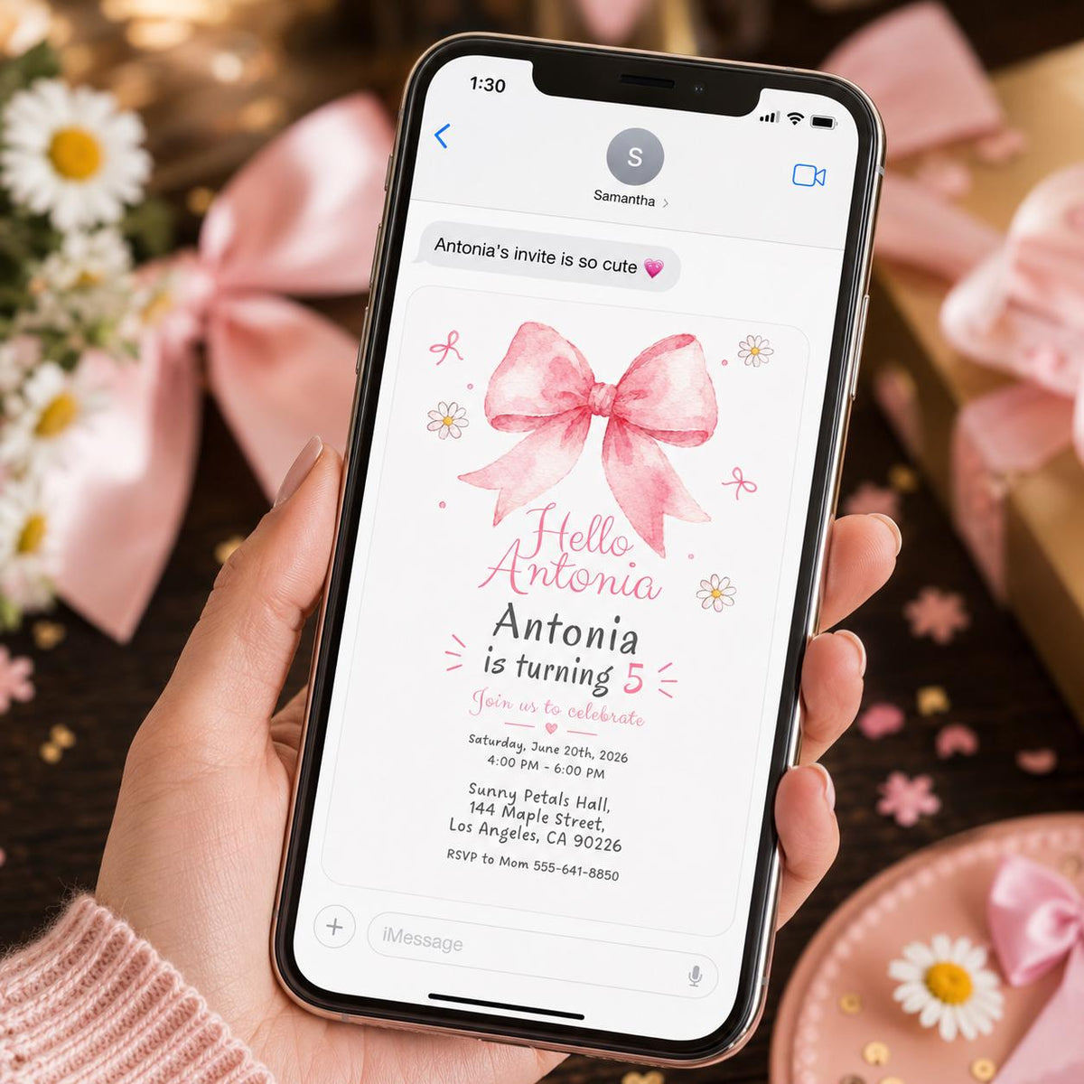 Watercolor Coquette Pink Bow 5th Birthday Invitation for Girls — digital invitation, instant download