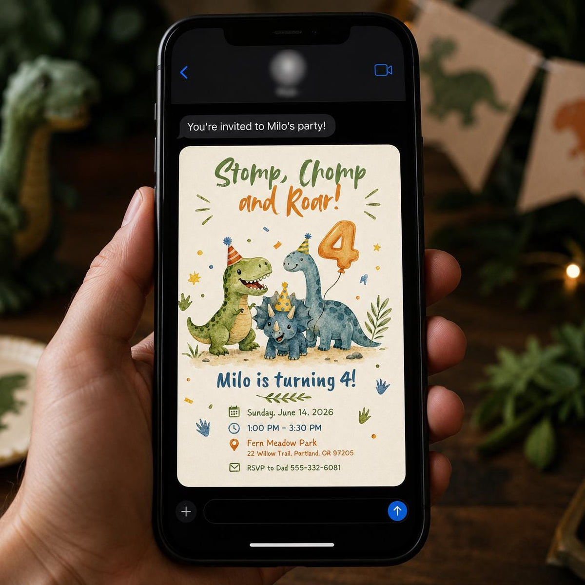 Watercolor Dinosaur 4th Birthday Invitation: Stomp Chomp Roar Dino Party — 4th birthday party stationery by VoltBy