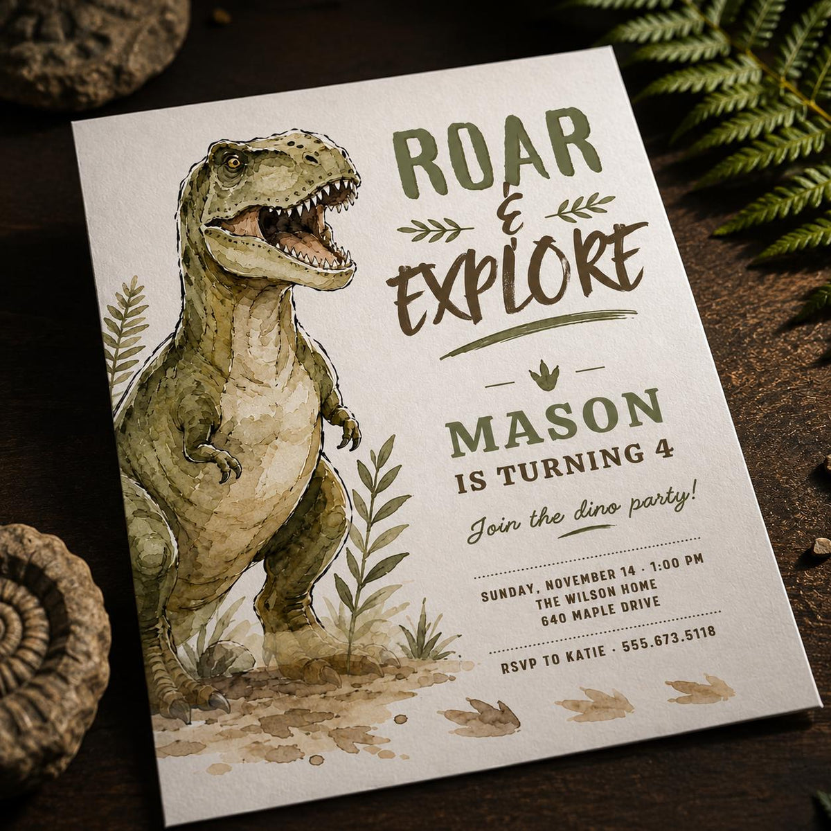 Watercolor Dinosaur 4th Birthday Invitation: T Rex Roar Explore Party — 4th birthday party stationery by VoltBy